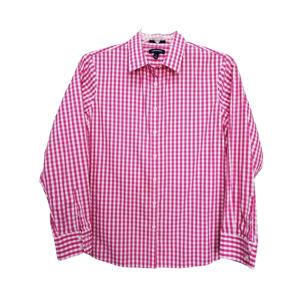 Lands End Women's No Iron Supima Cotton Pink Gingham Button-Up Shirt Size 16